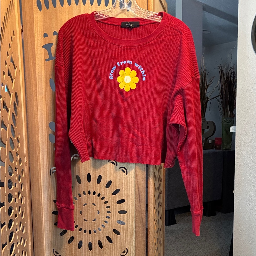 Forever 21 Red Cropped Sweatshirt with Floral Embroidery